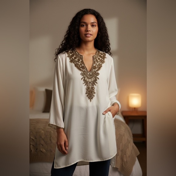 Tops - Elegant White and Gold Embroidered Women's Traditional Top